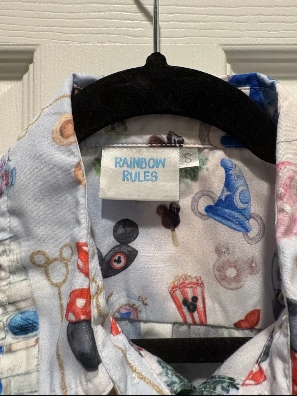 Rainbow White Short Sleeve Button-Down Shirt with Multicolor Theme Park Print